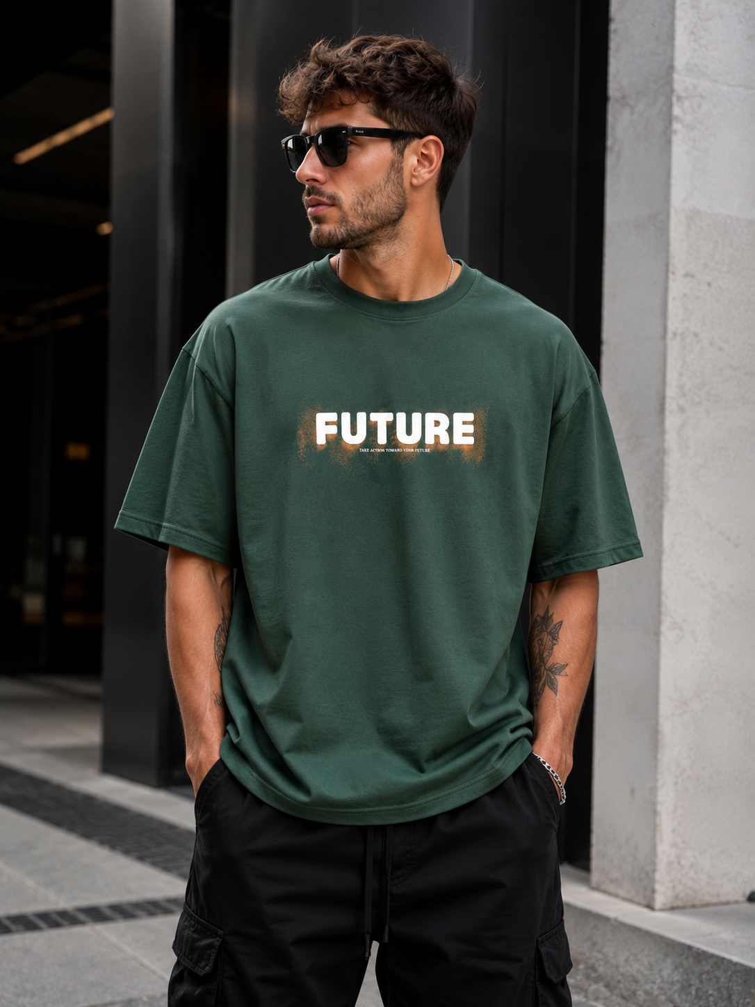تیشرت باکسی پنبه ماکان گرم بالا طرح future رنگ سبز