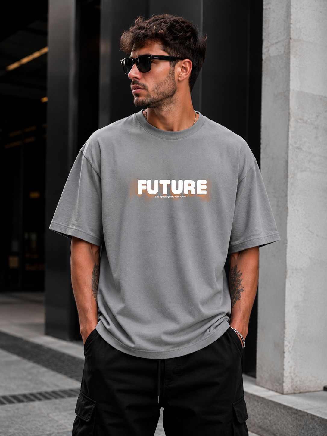تیشرت باکسی پنبه ماکان گرم بالا طرح future رنگ طوسی