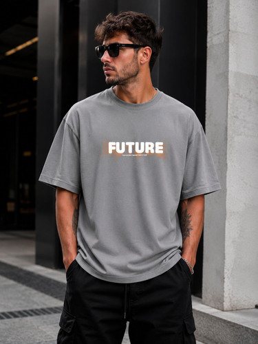تیشرت باکسی پنبه ماکان گرم بالا طرح future رنگ طوسی