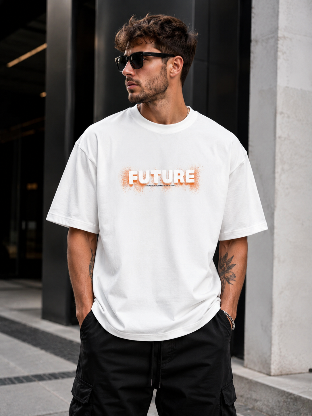 تیشرت باکسی پنبه ماکان گرم بالا طرح future رنگ سفید